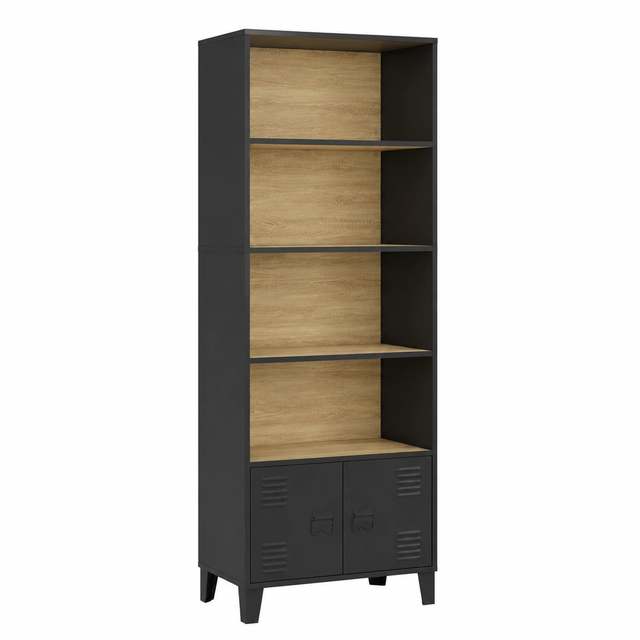 Bibliothèque, avec portes, en métal, coloris noir, pour le salon ou le bureau