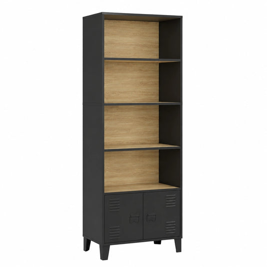 Bibliothèque, avec portes, en métal, coloris noir, pour le salon ou le bureau